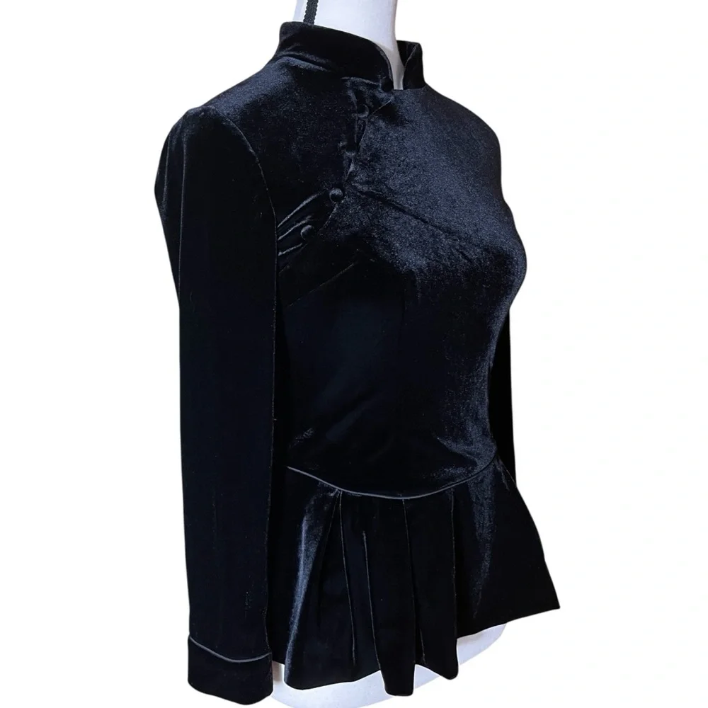 S Black Velvet Mandarin Collar Peplum Top Asian Inspired Back Zip - Picture 3 of 12
